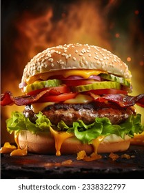 juicy beefy burger on flaming smoked dark background