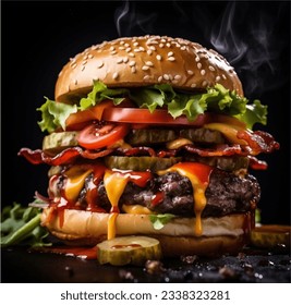 juicy beefy burger on flaming smoked dark background