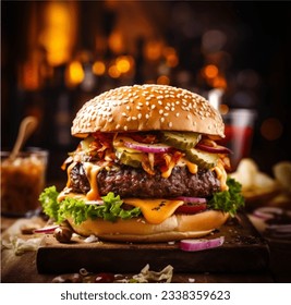 juicy beefy burger on flaming smoked dark background