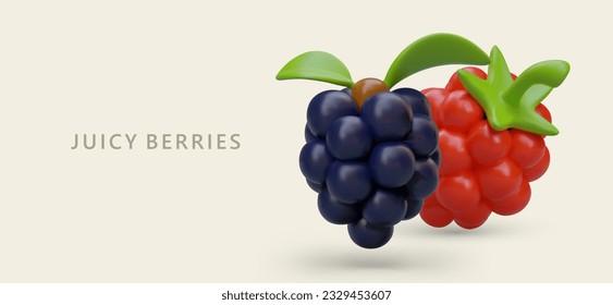 Juicy berries. Colored 3D blackberries and raspberries. Natural gifts of summer. Poster in cartoon style. Concept for grocery stores, sellers of wild berries. Eco products