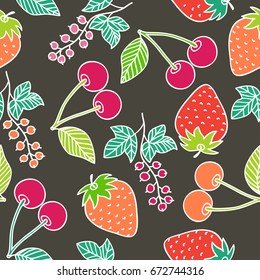 Juicy berries seamless pattern. Bright juicy cherry, strawberry and currant on dark background. Vector image drawn by hand in cartoon style.