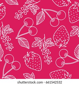 Juicy berries seamless pattern. White outline drawing in Doodle style on a red background. Cherry, strawberry and currant drawn by hand. Vector image.