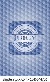Juicy blue badge with geometric pattern background.