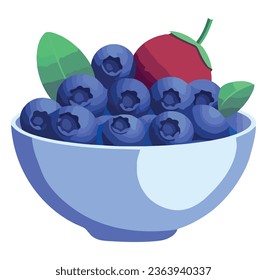Juicy blueberries in fresh organic fruit bowl over white
