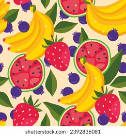 juicy bright background with tropical fruits. bananas, strawberries, watermelons and blueberries scattered across a seamless background. print fruit paradise.