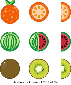 Juicy bright colors of fruits collections. Set of fruits are orange, kiwi and watermelon. As a whole and in the section. Available in eps10. Vector illustration