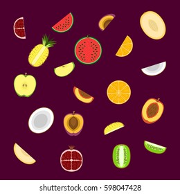 Juicy bright fruits in a flat design. Apple, pomegranate, orange, kiwi, pineapple, coconut, watermelon, melon, peach, plum. Cut fruit, pieces of fruit.