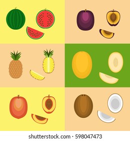 Juicy bright fruits in a flat design. Pineapple, coconut, watermelon, melon, peach, plum. Cut fruit, pieces of fruit.