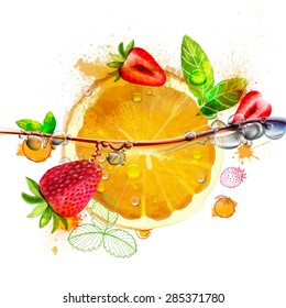 Juicy bright orange and strawberry fruit with leaf and water drops, vector watercolor work