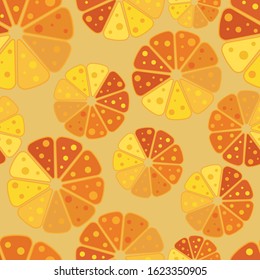 Juicy bright seamless pattern with citrus slices. Contrasting colors. Shades of orange and yellow. Wrapping paper. Pattern design.