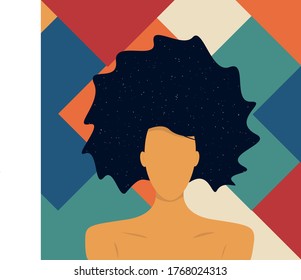 Juicy, bright space hair girl. Bright colourful
background of geometric shapes