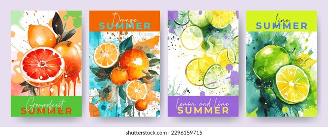 Juicy and bright summer posters, banners, covers or labels with citrus fruits painted in watercolor with blots and splashes of paint. Modern illustration of orange, lemon, lime, grapefruit.