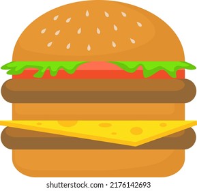 
Juicy burger with cutlet, tomato, cheese and lettuce leaves. Vector illustration isolated on a white background.