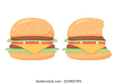 Juicy burger. Delicious hamburger with tomato. Vector illustration in cartoon style. A whole and bitten burger.