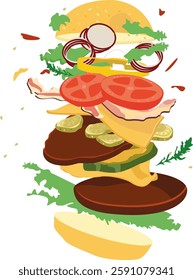 Juicy burger ingredients illustration. Suitable for restaurant or cafe menu or icons