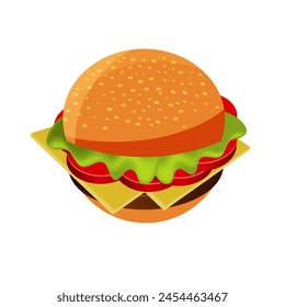Una hamburguesa jugosa. Ilustración vectorial aislada sobre fondo blanco.