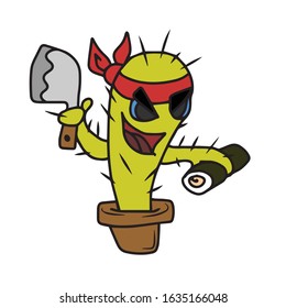 A juicy cactus with a bandage and a knife cuts rol.Vector illustration on a white isolated background.Botanical design for postcards and banners.Nature