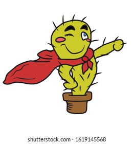 A juicy cactus with a cloak on its back rushes to the rescue .Vector illustration on a white isolated background.Botanical design for postcards and banners.Nature
