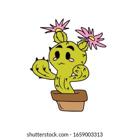 Juicy cactus with two flowers on top in the form of a tail .Vector illustration on a white isolated background.Botanical design for postcards and banners.Nature