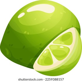 Jugosa lima de dibujos animados con una tajada sobre fondo transparente. Colección de frutas de verano