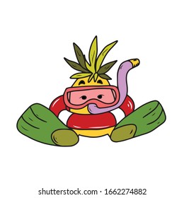Juicy cartoon Pineapple in an inflatable circle in flippers and a mask for swimming. Hand-drawn . On a white isolated background. Vector illustration for banners and postcards. 