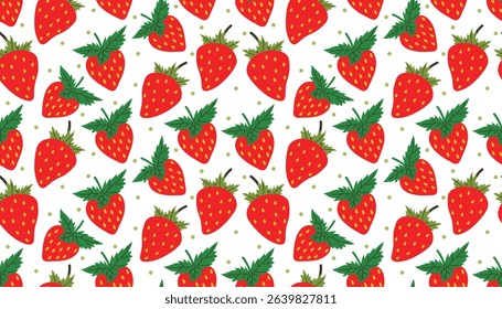 Juicy cartoon strawberries with cute little dots repeat in this seamless design. A fun and colorful pattern for kids' items, wrapping paper, textiles, or cheerful seasonal backgrounds.