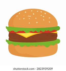 A juicy cheeseburger featuring fresh lettuce, tomato, melted cheese, and a beef patty in a sesame seed bun, perfect for fast food lovers.