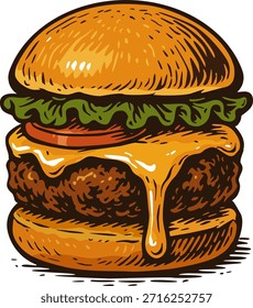  Jugosa hamburguesa con queso derretido Ilustración vectorial