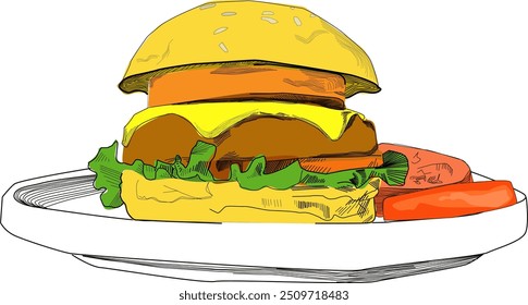 juicy cheeseburger vector line illustration