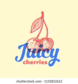 Juicy Cherries Abstract Vector Sign, Symbol or Logo Template. Two Cherries with Leaf Sketch Sillhouette with Retro Typography. Colorful Vintage Emblem. Isolated.