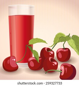 juicy cherries with leaves and glass of juice,bright vector illustration