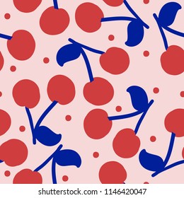 Juicy cherries on a pink background. Summer print. A simple seamless pattern.