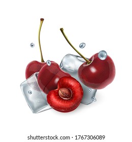 Juicy cherry berries with ice cubes and water droplets