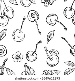 Design de padrão sem costura suculento cereja berry em textura de traçado de pincel preto isolado no branco. Ilustração de esboço de vetor desenhado à mão em tinta de carvão vegetal. Design de frutas de verão, impressão de textura