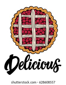 Juicy Cherry Pie Illustration Design With The Hand Drawn Brush Lettering Word 