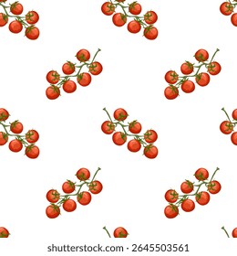 Tomates de cereja suculentos em um padrão sem emenda do ramo. Ilustração de comida desenhada à mão vetor para têxteis de cozinha, menus, papel de embrulho, embalagem, blogs de cozinha isolados no fundo branco