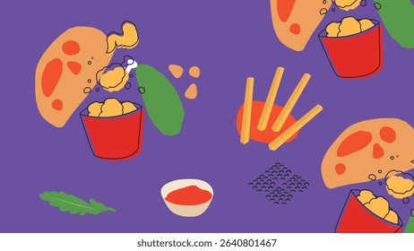 Juicy chicken legs, sauce tubs, herbs, and food doodles on a deep blue background. Ideal for comfort food visuals, promo designs, or food-themed art.