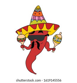 Juicy chili pepper in a sombrero .Vector illustration on a white isolated background.Botanical design for postcards and banners.Nature