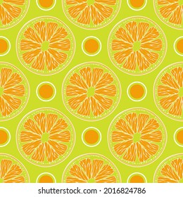 Juicy citrus. Fruit pattern of juicy citrus fruits on a green background. Modern flat vector template in pop art style. Vector illustration 