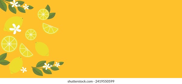 Juicy citrus fruits with fresh lemons and green leaves on a bright yellow background. Bright colorful vitamin photo. Copy space, suitable as a web banner format. Healthy eating concept. Vector.