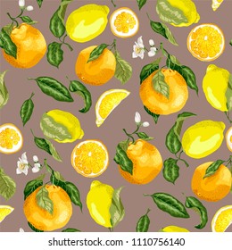 Juicy citrus fruits in a seamless pattern with blooming oranges and juicy lemons on the branches with leaves in realistic graphic vector illustration 