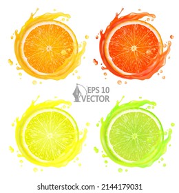 Juicy citrus set, lemon, lime, orange. Juice splash and drops, fresh collection, 3D realistic vector illustration