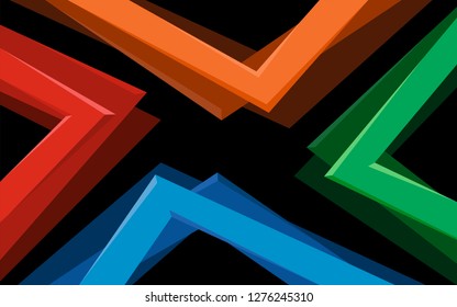 Juicy, colored texture of three-dimensional triangular elements arranged on a black background, shifted by layers.