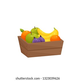 Juicy colorful fruit in wooden box isolated over white background