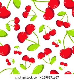 Juicy colorful red cherry seamless pattern on white background vector for cards, banners, wrapping paper, posters, scrapbooking, pillow, cups and fabric design. 