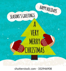 Juicy colorful typographic poster with attributes of the holiday Christmas tree and mittens. Season greetings. Warming motivational Christmas flyer. Vector illustration