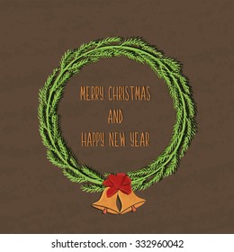 Juicy colorful typographic poster with Christmas wreath with bells on a background texture with old and wishes a happy Christmas and season. Vector illustration