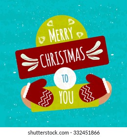 Juicy colorful typographic poster with shapes for text and decorative handmade items. Merry Christmas to you. Warming motivational festive flyer. Vector illustration