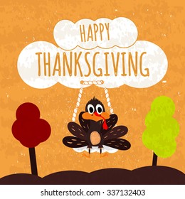 Juicy colorful typographic poster with the text c wish happy thanksgiving on the white clouds on a bright autumn orange background with a Turkey. Vector illustration