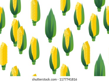 Juicy corn on a white background with green leaves. Seamless pattern. Isometric 3d